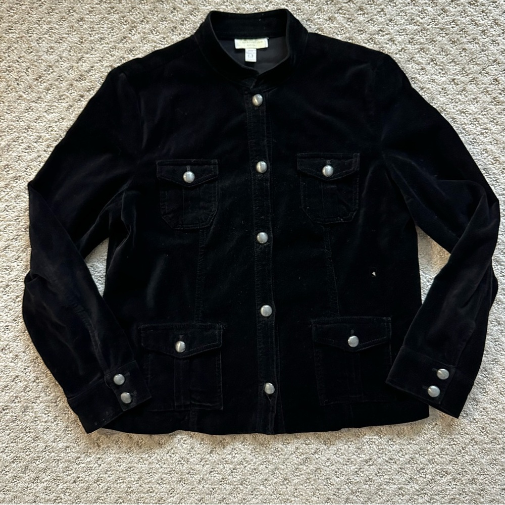 Vintage Charter Club Black Velour Jacket Gun Metal Accents Four Pockets Size MP